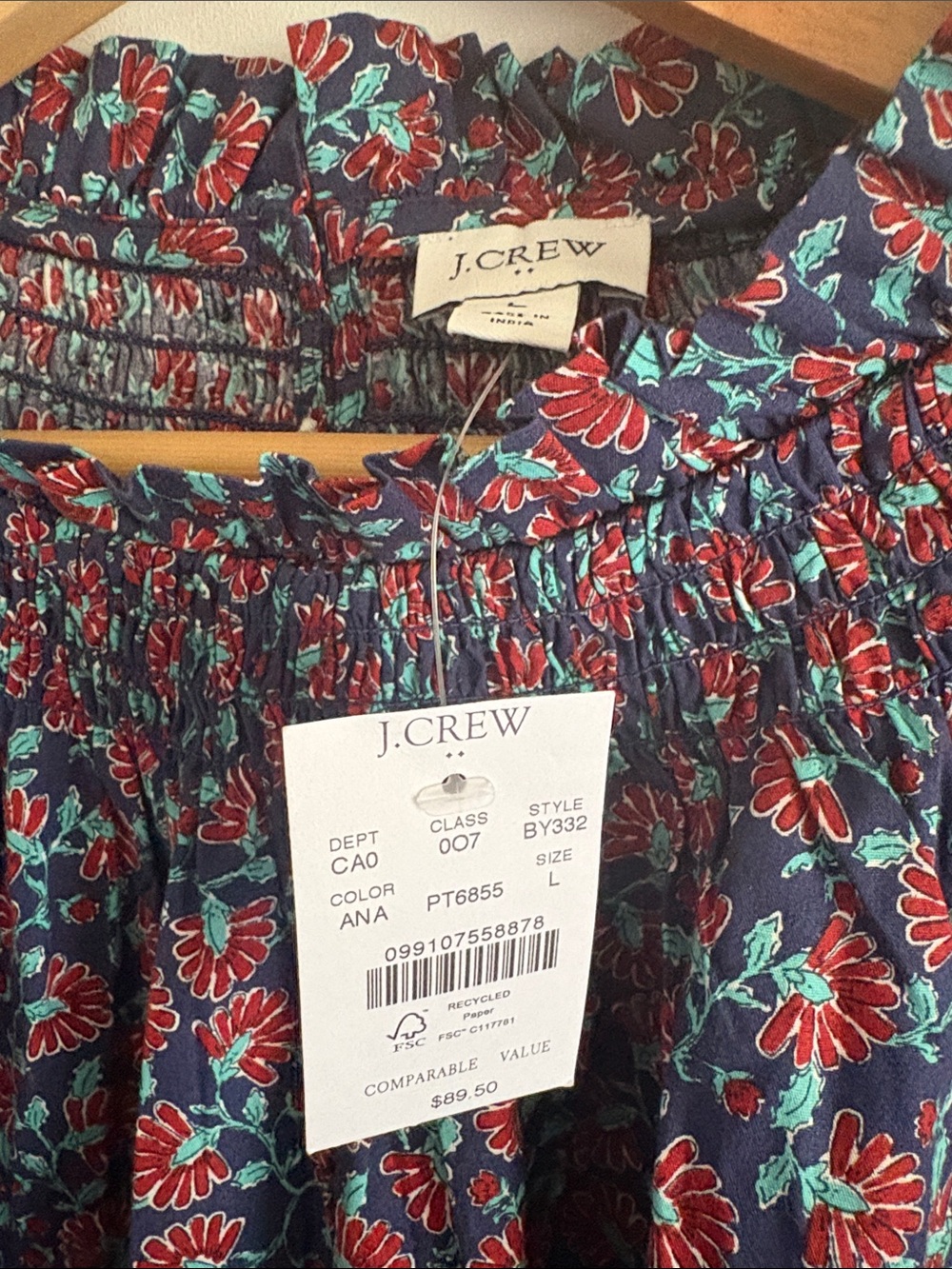 J.Crew Navy Floral Smocked Neck Womens Top - Picture 2 of 6
